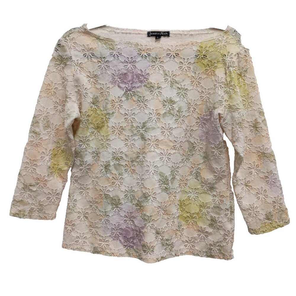 Vintage Y2K Jessica Max Womens Floral Lace Top Large Pink 3/4 Sleeve Cottagecore